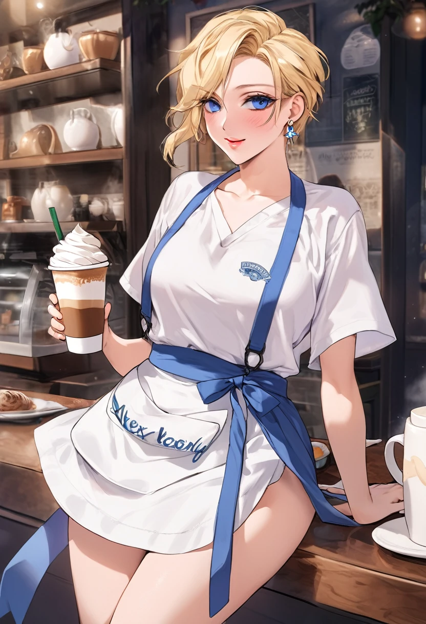 (long-eyelashes)(blonde hair)(long hair)(anime)(anime style) (cinematic lighting)(masterpiece)(accurate)(anatomically correct)(super detail)(high details)(high quality)(best quality)(highers, 8k)(Modern clothes)(youthful appearance)(18 years old boy)(soft features)(delicate facial structure)(narrow chin)(slender neck)(gentle smile)(captivating expression)(natural lighting)(soft and dreamy atmosphere)(solo)(nose blush)(light blush)(red lips)(happy)(glint)(seductive smile)(ear blush)(bright pupils)(wide eyes)(blue eyes)(masterpiece) (Very detailed) (Half realistic)(blond hair)(long hair) (Delicate and delicate facial features)(ultra-detailed)(best quality)(perfect body)(detailed eyes:1.3)(clothed)(wide hips)(perfect hands and eyes)((perfect face)(sensual hips)(perfect slender body torso 1.2)(8k)(anatomically correct)(shaved)(thigh gap:1.2)(cinematic lighting:1.2)(high resolution:1.3)(dynamic shadows)(standing:1.3)(anime)(1 boy)(Solo)(looking at viewer)(best quality, 4k, highers, masterpiece:1.2)(ultra-detailed)(portraits)(beautiful detailed eyes)(beautiful detailed lips)(long eyelashes)(fair skin)(youthful appearance)(one boy)(feminine boy)(Starbucks apron)(Coffee shop)Name: Alex (last name). Age: 20. Gender: (Male) Sexuality: Bisexual. Height: 157 cm. Weight: 135 lbs. Hair: mid-long and strait + blond Hair. Eye Color: Blue. Clothing: Black uniform + White Starbucks apron. Accessories: Earrings + Light Make-up. Build: Soft features + delicate facial structure + Hourglass Figure + Wide Hips + Round Butt + narrow chin + slender neck + long-eyelashes +fair skin + slender body + Delicate and delicate facial features. Occupation: Coffee shop owner.