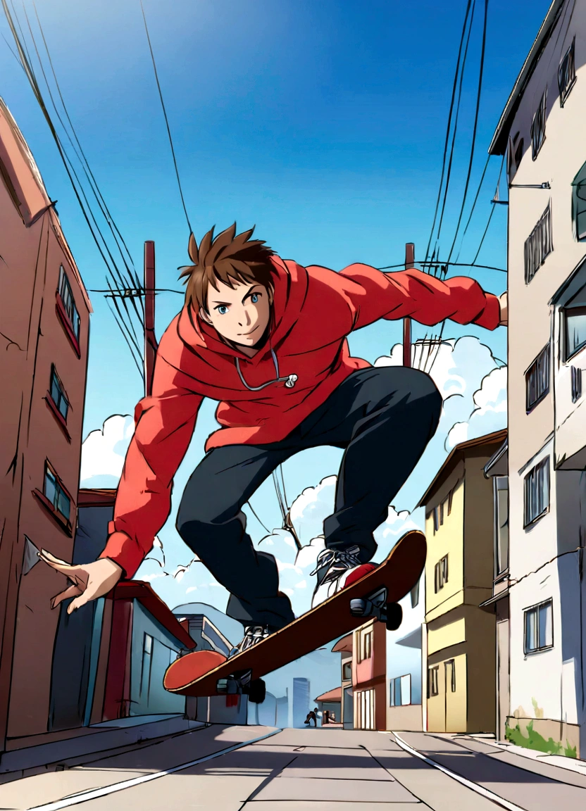 Illustrate a dynamic scene of a boy skateboarding in mid-air, anime-style. The boy should have a big smile, brown hair, and be dressed in a red hoodie and black shorts, capturing the same energy and pose as the girl in the reference image. The backdrop should include a bright blue sky, power lines, and urban buildings drawn in a sketchy, detailed manner. Keep the colors and vibrant atmosphere consistent with the original artwork."
