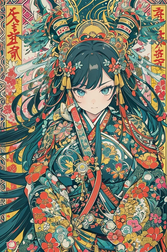 popart,flat color,ukiyoe-style,(best quality, masterpiece, ultra high-resolution, ultra-detailed: 1.2),A vibrant and colorful illustration of an anime-style female samurai character with darkblue wavy-short hair, tween,(holding her sword in front of her face). She is wearing traditional Japanese adorned with floral patterns, a backdrop filled with colorful patterns representing ancient symbols and floral motifs. The background is richly detailed with geometric shapes that add depth to their figure's presence., creating a whimsical atmosphere. The background features bold colors and intricate designs that add to the overall visual appeal. This artwork showcases vivid hues, intricate details on both attire and armor, capturing movement as she walks forward in the style of intricate details on both attire and armor, capturing movement as she walks forward.