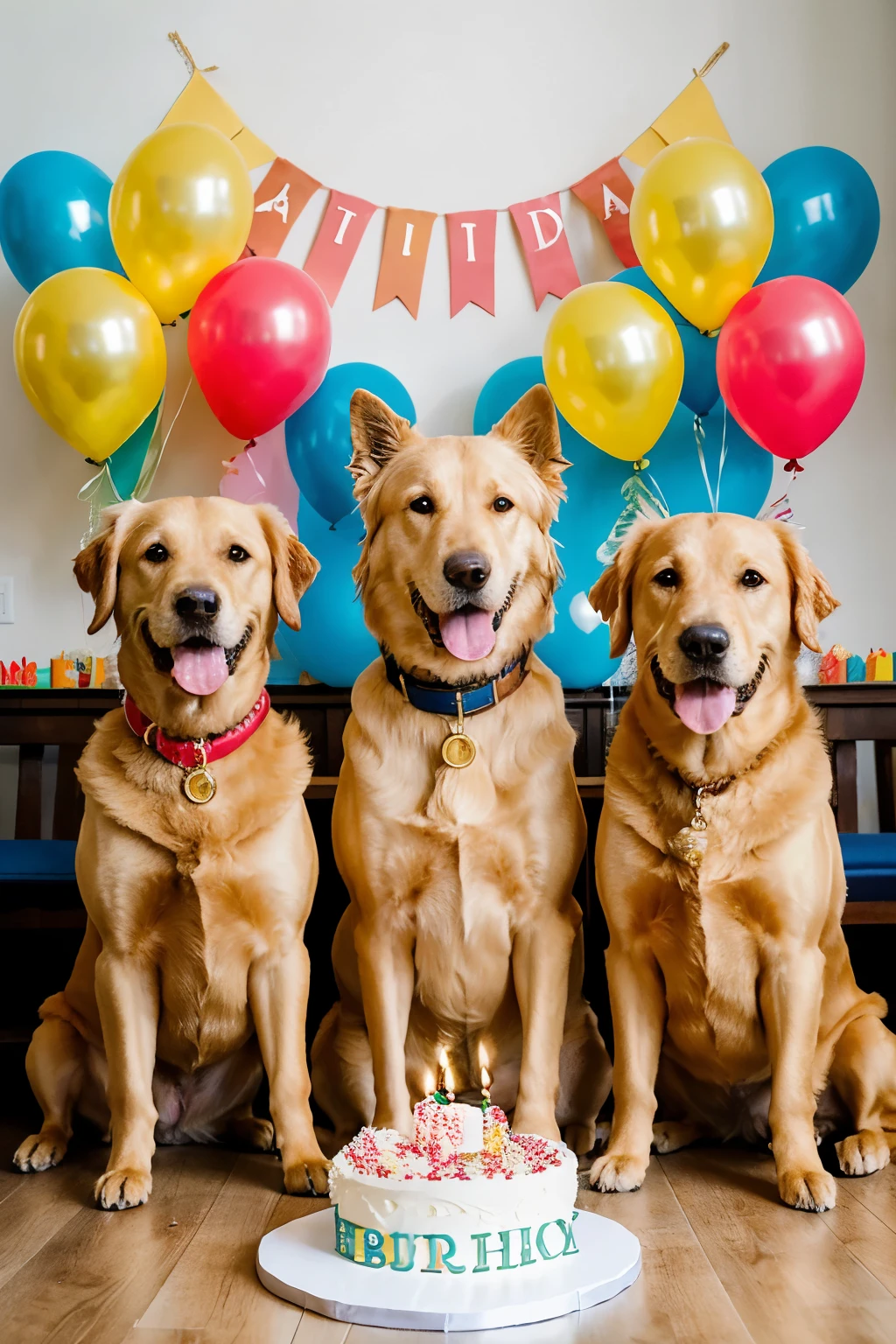 ((mejor calidad)), ((Obra maestra)), (detallado), three golden dogs sitting on chairs around a table on which there is a litle birthday cake in the foreground, one of them with a bone in its mouth, in a context of celebrations with balloons and candles and many cookies.