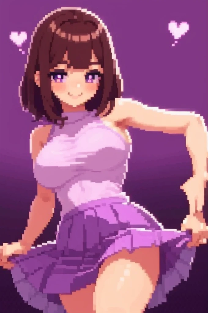 ((best quality)), ((masterpiece)), (detailed)),Cute Girl,Short Brown Hair,Purple Eyes,Heart shaped pupils,Cute smile,Red Blush,big breasts,showed under ,bare thick thighs,cute skirt,Glowing purple eyes,cute pose,hand beneath breasts,purple background,cute
