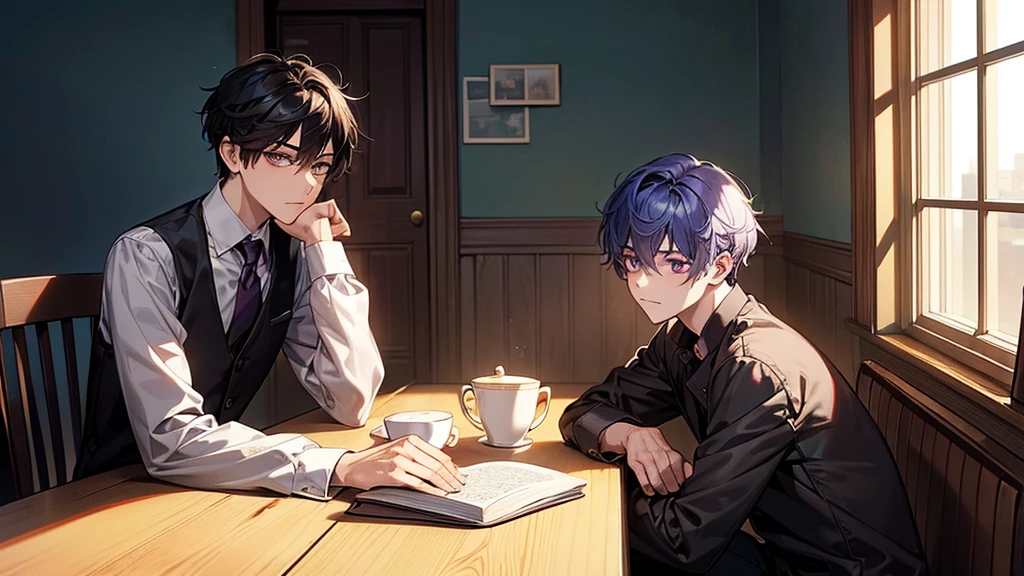 1boy, 1male, the character be sitting on a chair and a table same as the image called (position of the character) and the character is reading a book with their left hand and the right one is holding the tea from the top of the table that is on their right of them from their view (what character doing) but instead it will be the opposite of their hand as well as like how the table is similar design to image (position of the character) their leg will be similar to (position of the character) as well their spot will be close to the window facing their back like (background position) the table is a bit damaged as well as the wall of the building similar to (background reference) the shadow will standing behind from his left should but it look like it coming from the character the shadow does have similar hair to the character but its only dark and its eye colour is red while the main character eye is purple, outside the window is sunny light be shinning from outside similar to (background reference) the window will have a crack as well to fit the damaged wall of the house, character expression will be similar to (Hair style and colour) character in the
