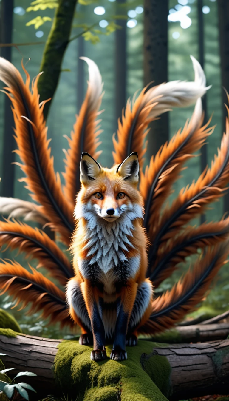Panorama,A wild beast in the forest,Looks like a fox and has nine tails,Mysterious Creatures, shrike, (best quality,4K,8K,High level,masterpiece:1.2),Ultra Detailed,(lifelike,Photo real,Photo real:1.37),Highly detailed animals,Complex patterns,Realistic lighting,Fantasy Creatures