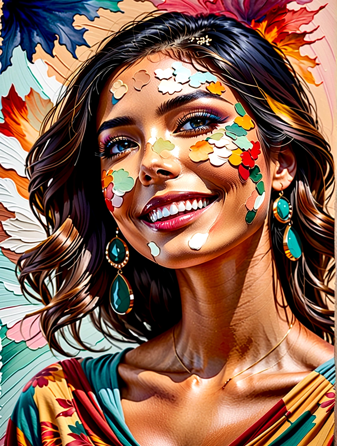 Side view of young woman smiling cheerfully, happy, fulfilled.,watercolor,abstract art,greatly exaggerated