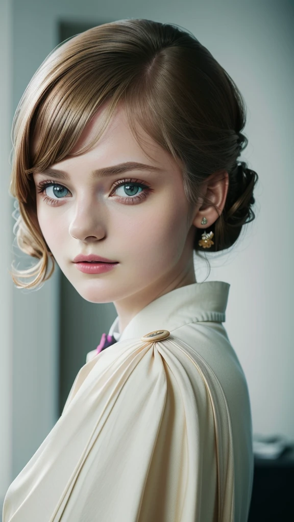 portrait of ellafreya, suspicious , wearing tailored , with Updo , background kitchen epic (photo, studio lighting, hard light, sony a7, 50 mm, matte skin, pores, colors, hyperdetailed, hyperrealistic), close up