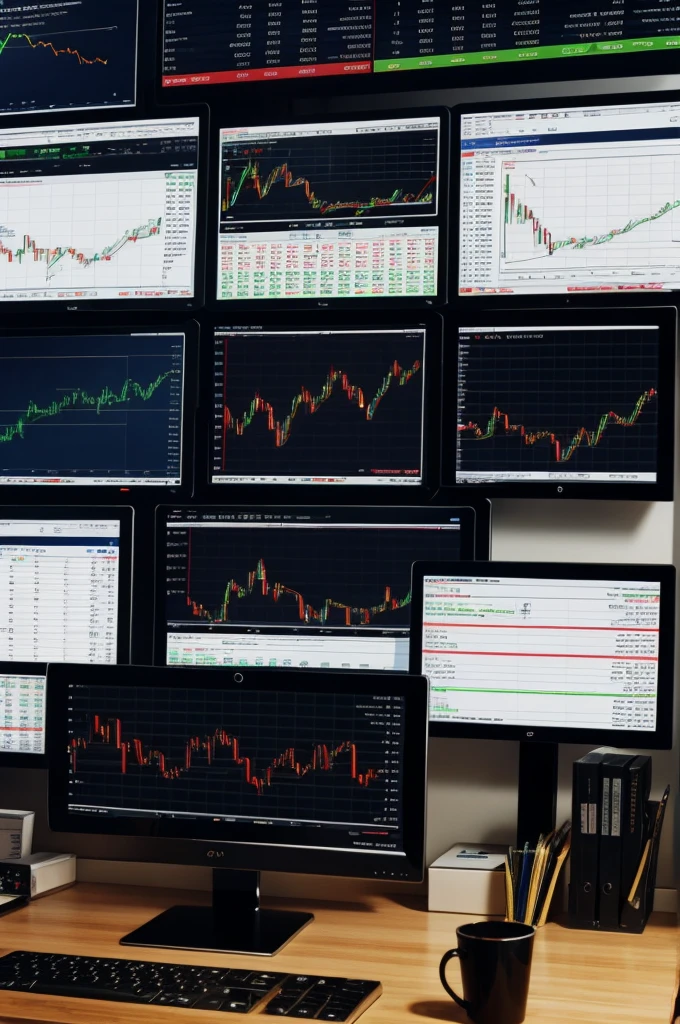 5 monitor screen running with trading chart