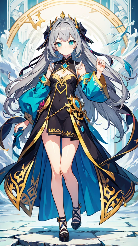 fantasy world girl with colorful hair, accessories, detailed clothes, dark gray hair