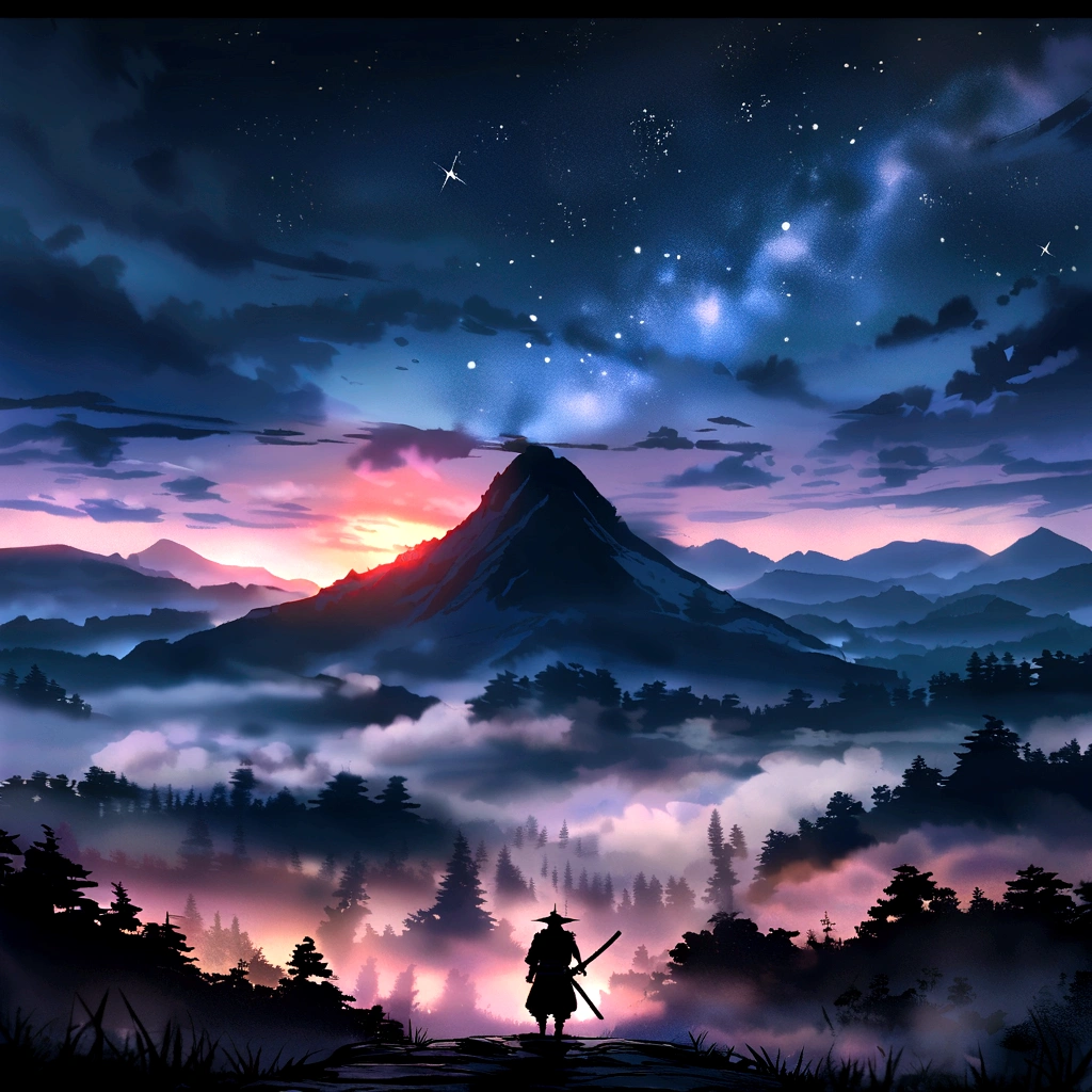 The samurai has a sword, Starry sky and fog cover the landscape.