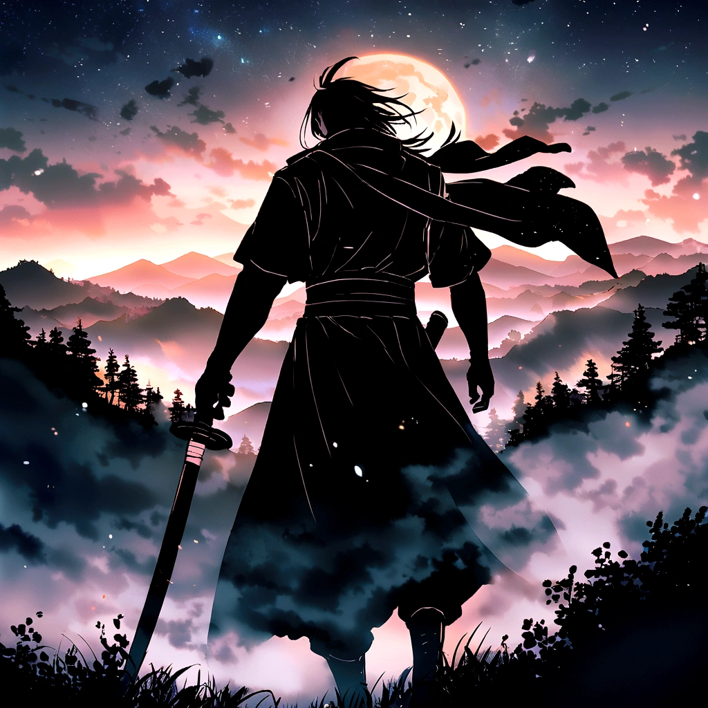 The samurai has a sword, Starry sky and fog cover the landscape.