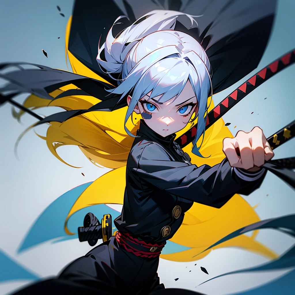 A woman with long yellow hair, blue eyes and holding a katana, demon slayer art style