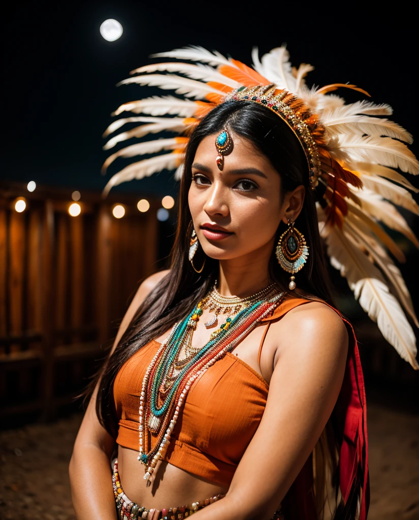 Beautiful Cherokee Indian woman with beautiful terracotta colored headdresses, blackw, doradas, cobre, Pearl, white and beige, feathers made of bright neon of various colors, flares on camera, bokeh, full moon night