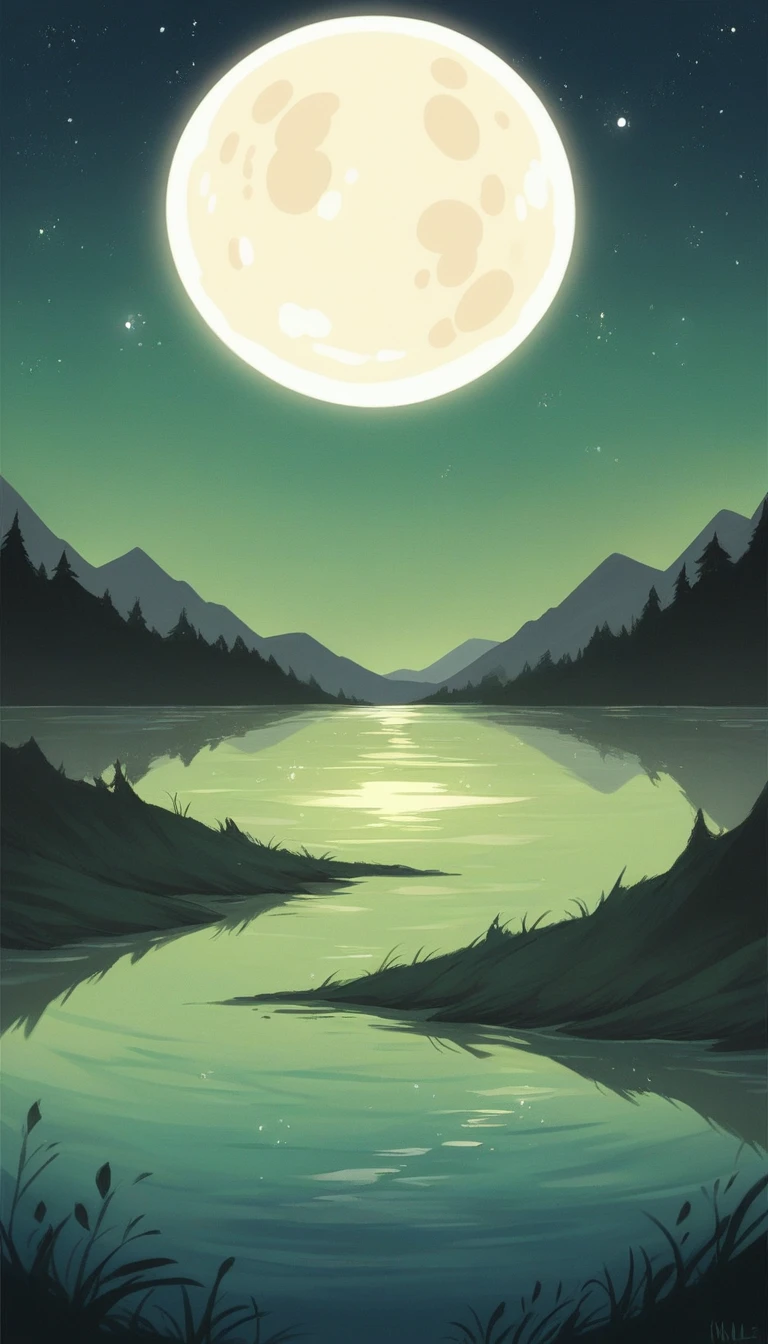A tranquil night view on the quiet lakeside, The soft glow of the moonlight is reflected on the still water. The sky is clear, Revealing a multitude of stars. The lake is surrounded by dense, Dark green tree々, Sway gently in the breeze. the full moon shines、A silvery light illuminates the landscape, Casting gentle shadows. There is no artificial lighting, Just the natural beauty of a moonlit night