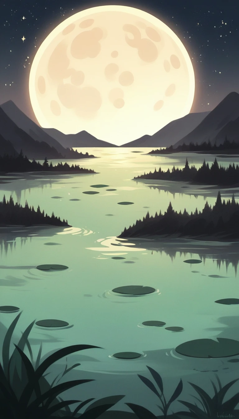 A tranquil night view on the quiet lakeside, The soft glow of the moonlight is reflected on the still water. The sky is clear, Revealing a multitude of stars. The lake is surrounded by dense, Dark green tree々, Sway gently in the breeze. the full moon shines、A silvery light illuminates the landscape, Casting gentle shadows. There is no artificial lighting, Just the natural beauty of a moonlit night