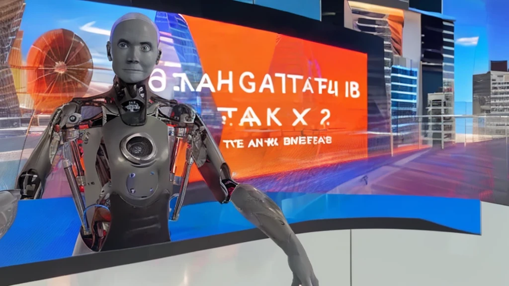 An illustration of a futuristic robot-shaped artificial intelligence analyzing a stock market chart on a large screen. The robot has glowing blue eyes, with hands connected to a touch screen, tracing complex data. Surrounding it are stacks of documents and floating digital numbers. The background is a modern office with large windows overlooking a metropolitan city at night, with city lights reflecting off the glass