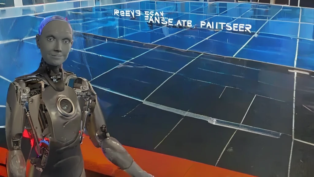 An illustration of a futuristic robot-shaped artificial intelligence analyzing a stock market chart on a large screen. The robot has glowing blue eyes, with hands connected to a touch screen, tracing complex data. Surrounding it are stacks of documents and floating digital numbers. The background is a modern office with large windows overlooking a metropolitan city at night, with city lights reflecting off the glass