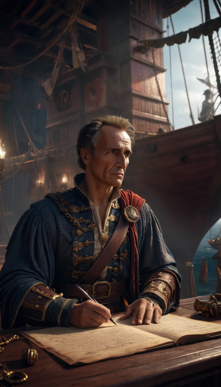 Cinemactic style, Julius Caesar writing poetry on a pirate ship, The background has an artistic touch with dramatic lighting that highlights the individual, giving an aura of grandeur and importance, high quality, hyper-realistic with neutral face high detailed full HD realistic image, focus on every one, studio , smooth skin, 8k, 12k, Cinematic, Photography,