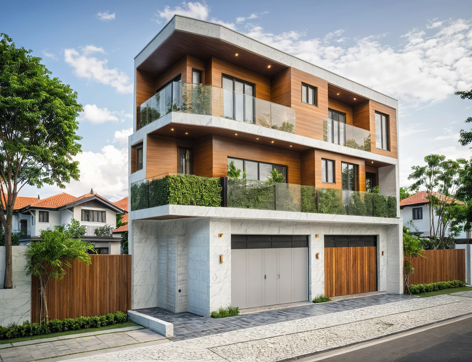 modern villa on street, (daylight), tropical tree, vivid colour, streetcapes, white tone, white wall, large glass door, warm interior lighting, wood and marble, best quality, 17ArchiAI_XL_VL-v1
