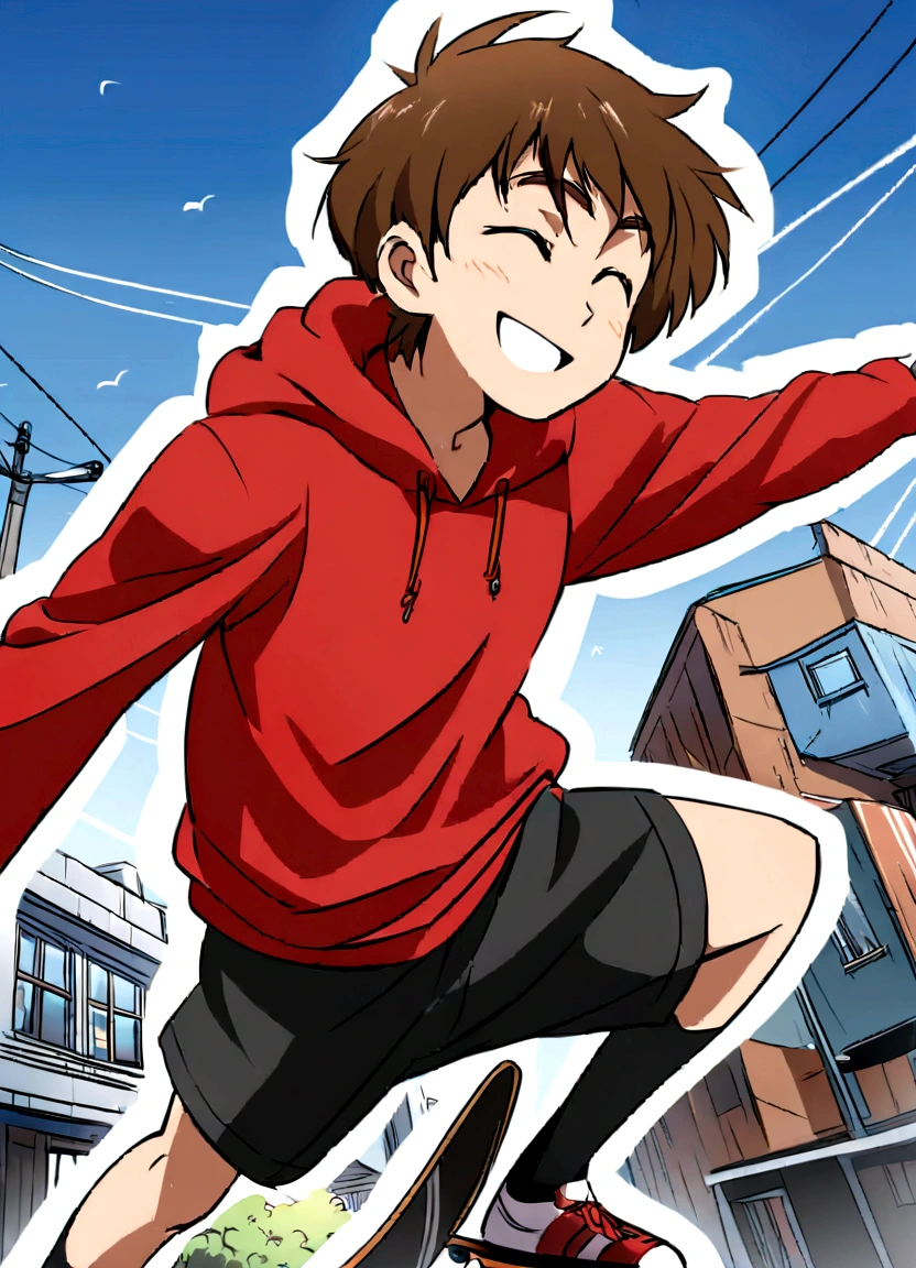 Illustrate a dynamic scene of a boy skateboarding in mid-air, anime-style. The boy should have a big smile, brown hair, and be dressed in a red hoodie and black shorts, capturing the same energy and pose as the girl in the reference image. The backdrop should include a bright blue sky, power lines, and urban buildings drawn in a sketchy, detailed manner. Keep the colors and vibrant atmosphere consistent with the original artwork."