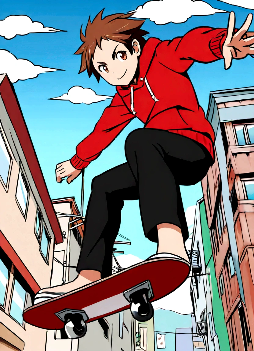 Illustrate a dynamic scene of a boy skateboarding in mid-air, anime-style. The boy should have a big smile, brown hair, and be dressed in a red hoodie and black shorts, capturing the same energy and pose as the girl in the reference image. The backdrop should include a bright blue sky, power lines, and urban buildings drawn in a sketchy, detailed manner. Keep the colors and vibrant atmosphere consistent with the original artwork."