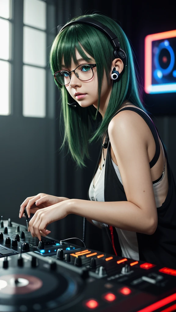 anime, สาวDJ, DJ, DJ girl, earphones, Crazy, (Highest picture quality),Masterpiece,best quality,extremely details CG wallpaper, special_details,(movie light:1.1), (Cold face), green eyes, 1 girl, alone, Dark Green_hair, short_hair, Masterpiece, best quality, glasses