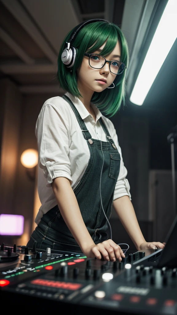 anime, สาวDJ, DJ, DJ girl, earphones, Crazy, (Highest picture quality),Masterpiece,best quality,extremely details CG wallpaper, special_details,(movie light:1.1), (Cold face), green eyes, 1 girl, alone, Dark Green_hair, short_hair, Masterpiece, best quality, glasses