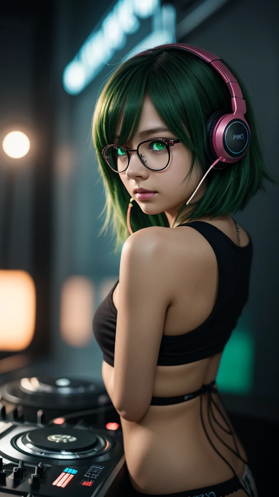 anime, สาวDJ, DJ, DJ girl, earphones, Crazy, (Highest picture quality),Masterpiece,best quality,extremely details CG wallpaper, special_details,(movie light:1.1), (Cold face), green eyes, 1 girl, alone, Dark Green_hair, short_hair, Masterpiece, best quality, glasses