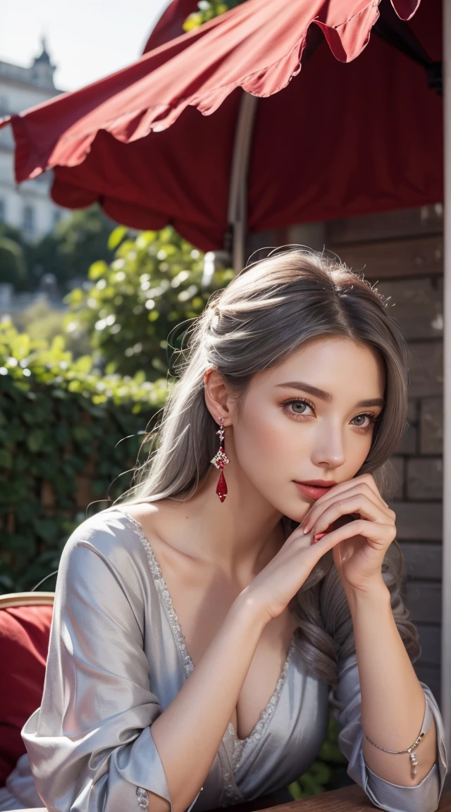 Gray-haired woman, Grey Eyes, Royalty, Red dress, Red Jewelry, Red earrings, Lunar, noble, Lady, high quality, Very detailed, Detailed face, masterpiece, city, Drinking tea, garden, Flowers, Light