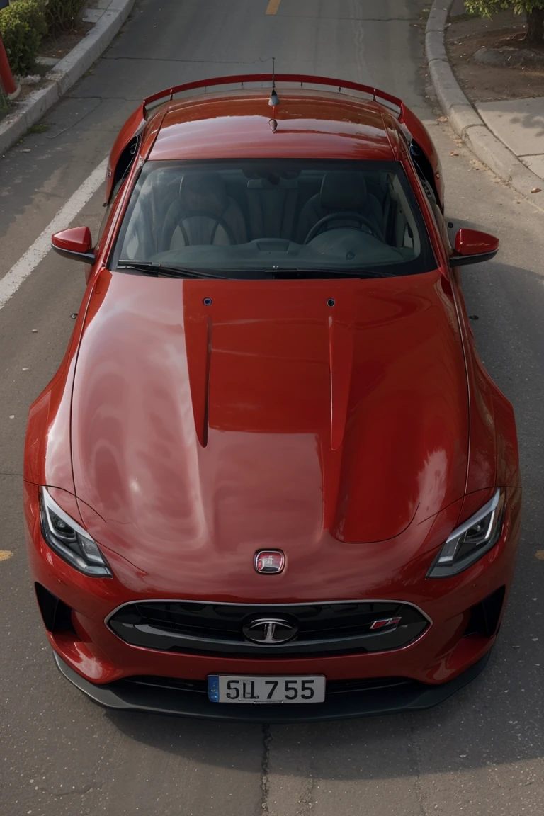 The OKA brand car is a red electric car.. view from above, front and side.
