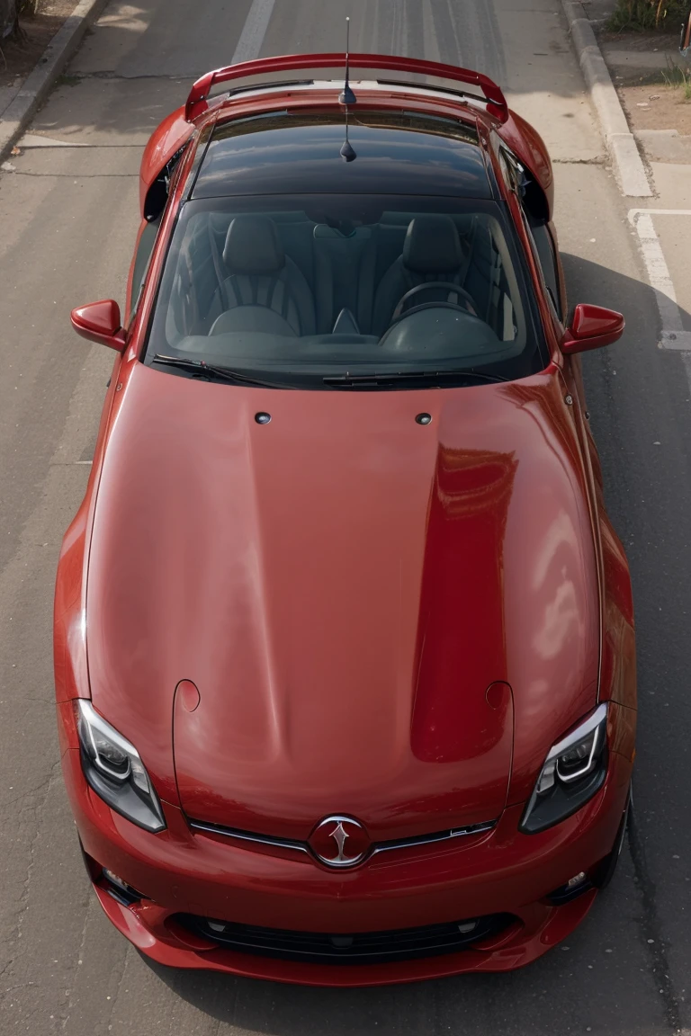 The OKA brand car is a red electric car.. view from above, front and side.