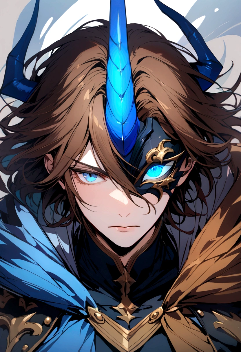 (man with half mask)(blue)(blue eyes)(brown hair)(has blue horns)