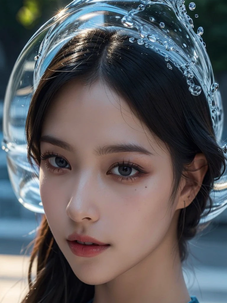 (best quality, 8k, 32k, masterpiece, UHD ,photorealistic:1.3),dynamic pose, Pretty woman, ultra-detailed face, Smooth Movement, water, water dress, (Stream of water),controlling the water, subtle smile, detailed eyes, shiny skin, lustrous lips , black short hair, forehead, thick eyebrows, detailed background, blue tones, ethereal atmosphere, Professional Lighting,