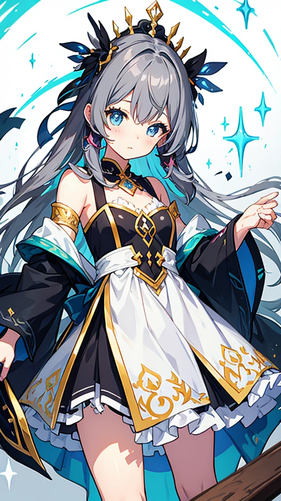 fantasy world girl with colorful hair, accessories, detailed clothes, dark gray hair