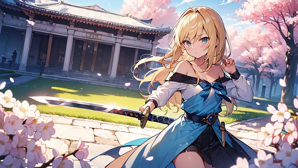 (masterpiece, Highest quality: 1.5) , (Grasp the sword:1.3), Dynamic pose, 1 beautiful girl, alone, Blonde, (Blue too :1.3), Off the shoulder, Long Hair, Wavy Hair, (Middle school students:1.2), Medium chest, Standard weight, (anger), Beautiful view of cherry blossoms, Amazing panoramic views, SakuraFubuki:1.2
