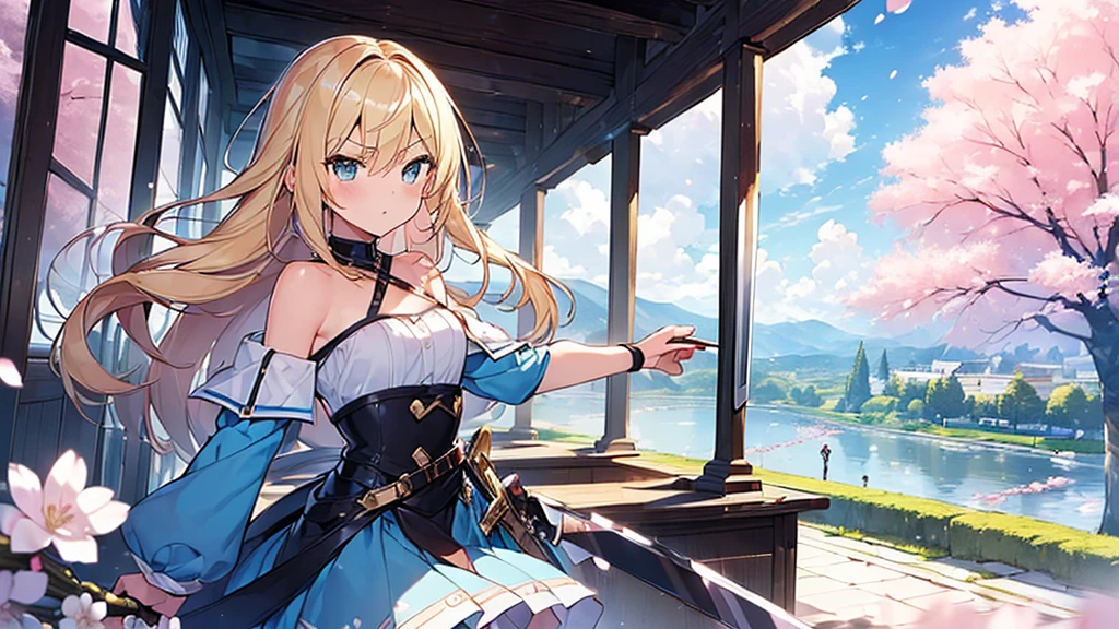 (masterpiece, Highest quality: 1.5) , (Grasp the sword:1.3), Dynamic pose, 1 beautiful girl, alone, Blonde, (Blue too :1.3), Off the shoulder, Long Hair, Wavy Hair, (Middle school students:1.2), Medium chest, Standard weight, (anger), Beautiful view of cherry blossoms, Amazing panoramic views, SakuraFubuki:1.2