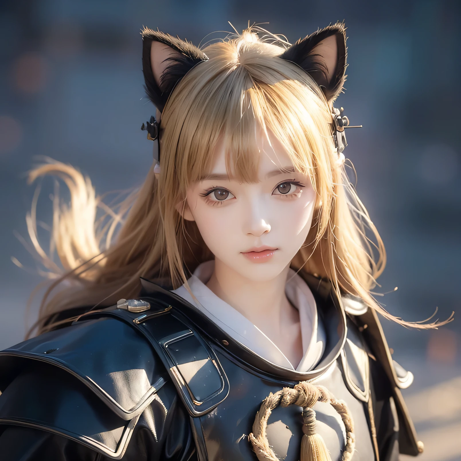 Highest quality, highest quality, High-quality illustrations, masterpiece, Ultra-high resolution, Detailed Background, night scene, very beautiful 7+ year old girl, absurdly beautiful face and eyes, perfect anatomy, performance, good lighting, shadows like in movies, kemono, furry personification, various poses, dynamic angles, panda-themed girl, blonde hair, wearing cat ears (Put on cat ears), wearing Japanese heritage samurai armor and helmet (Samurai armor and helmets of Japan heritage)