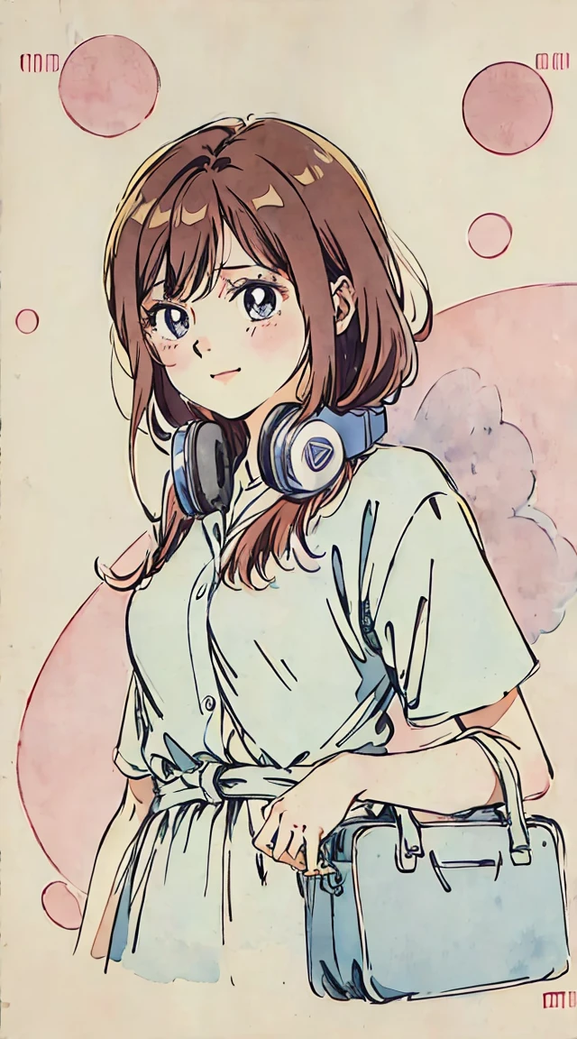 school classrooms、Watercolor style、Pale colors、hand painted style, 15yo student、hi-school girl、School route、carrying a schoolbag、Walking Girl Japan、posterior view、Looks Back, , A smile、frontage、The upper part of the body、pink red Brown hair、long fluffy hair, a strand of hair falling across her face, blue headphones, cowboy  shot, miku nakano, nakano_miku, aamiku