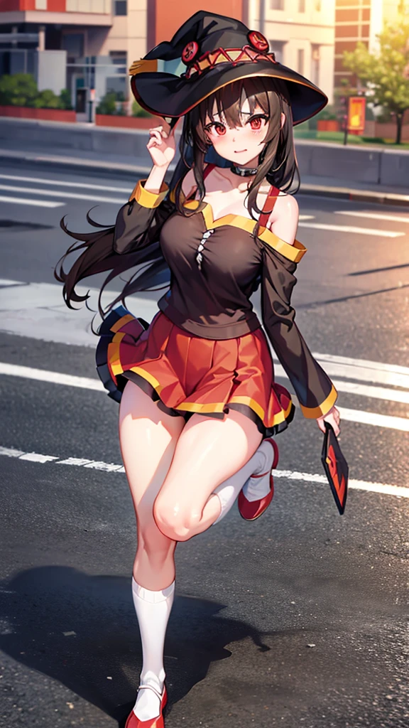 Highly detailed, high quality, masterpiece, beautiful, (all photographic shot), girl student girl, megumin character, perfect eyes, pretty eyes, beautiful eyes, clear eyes, blushing face, happy face, big thighs, with headband, medium chest, long hair, sexy, short skirt, shows full panties, background image on a street at night