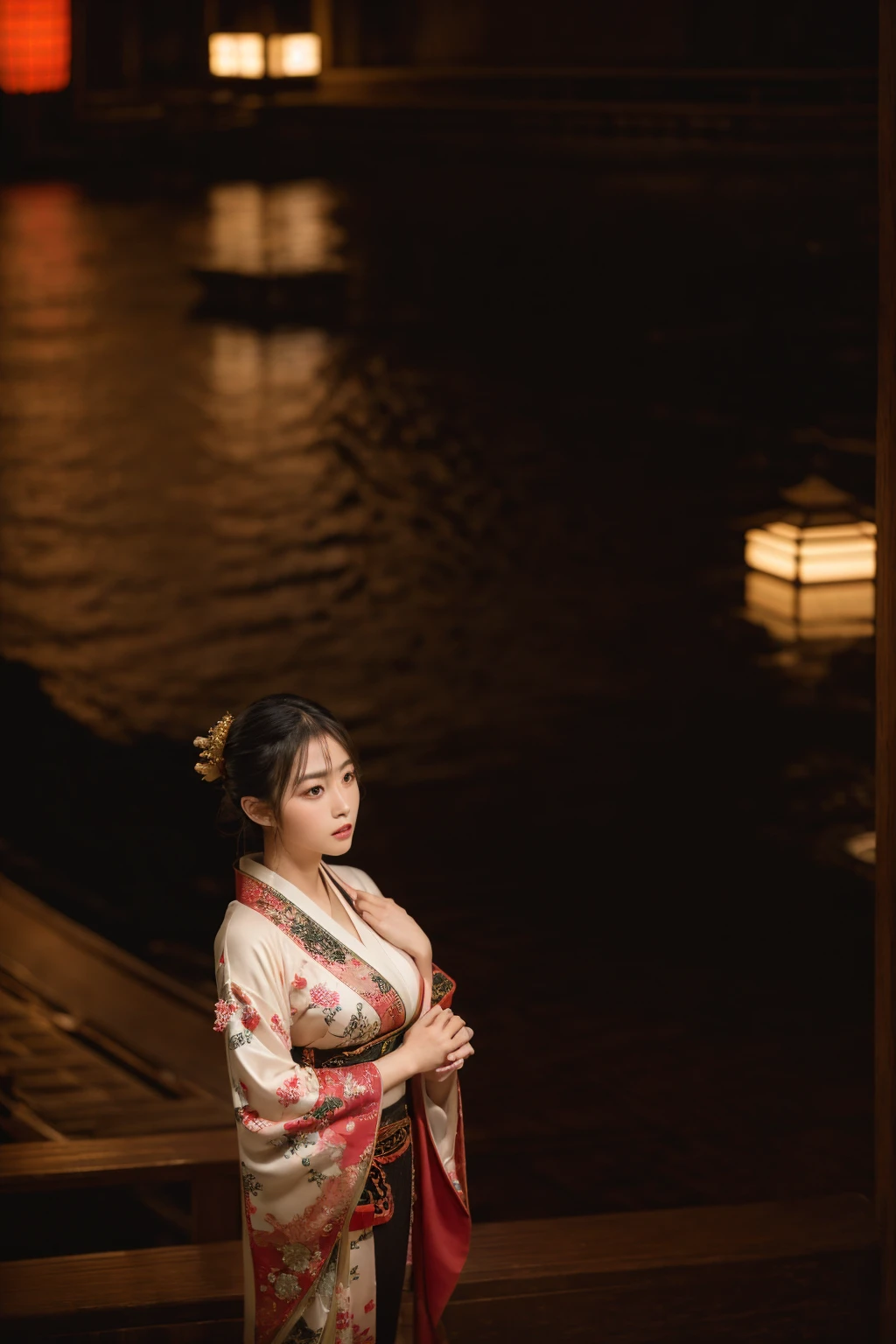 a beautiful japanese woman wearing an ornate kimono with intricate embroidery, extremely large breasts, dark lighting, cinematic, artistic composition, looking at viewer, masterpiece, ultra-detailed, 8k, photorealistic, chiaroscuro lighting, elegant, refined, graceful, serene, mystical, atmospheric