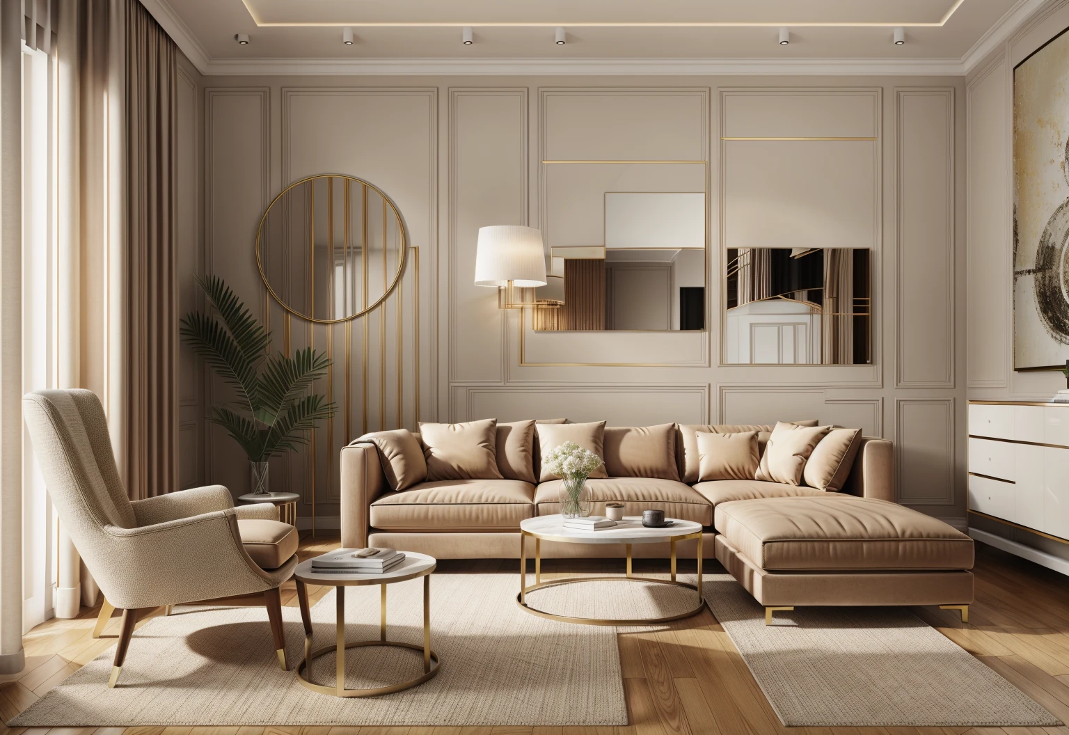 Create a neoclassical-style livingroom, 1 television on the wall:1.3, a brown wooden floor, cream-colored curtains, a white door, and super sharp photos that exude elegance.