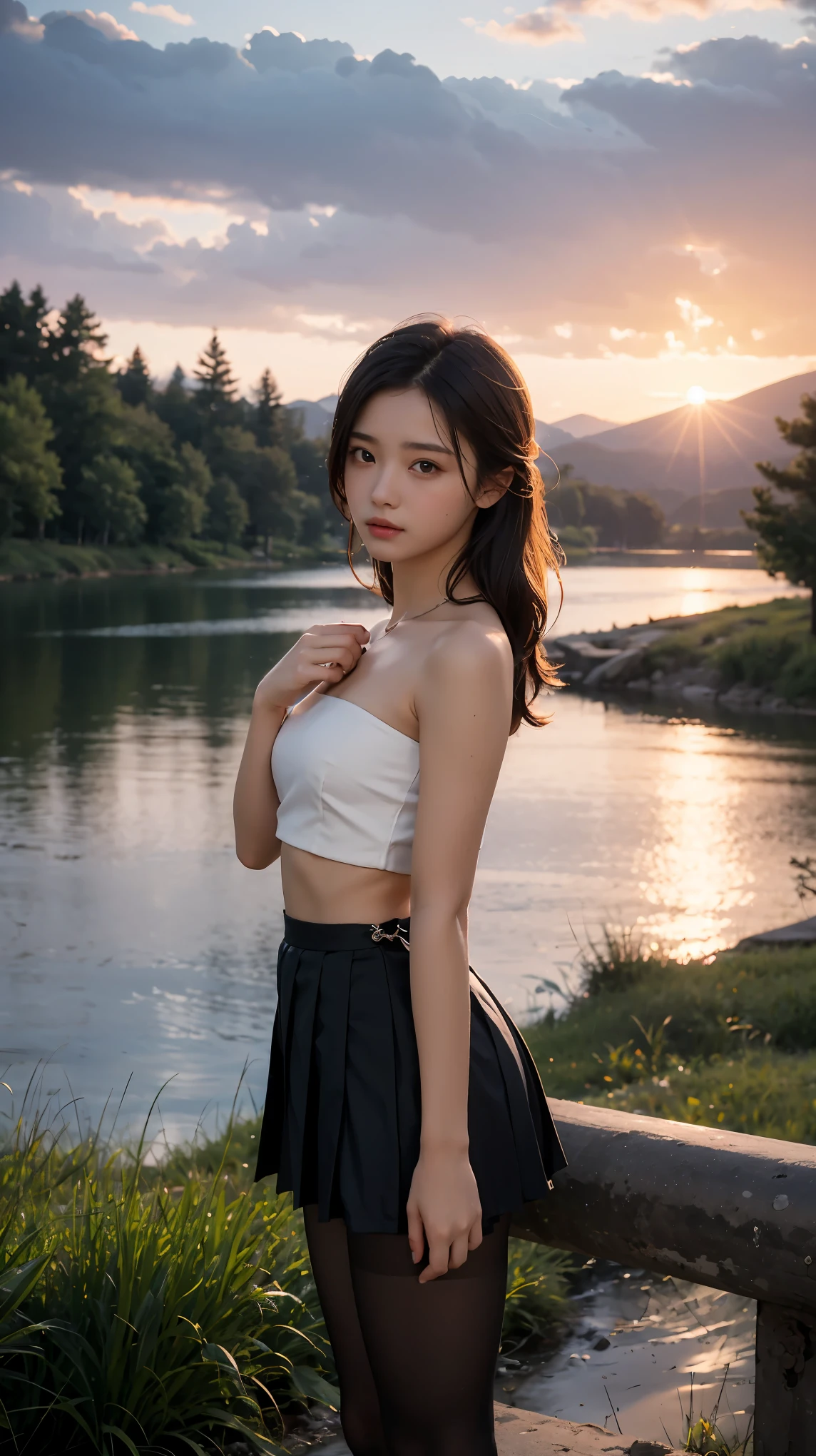 Japanese Girl, age 23, looking over shoulder at camera, lakeside, forest, sunset, stylish, crop top, pleated skirt