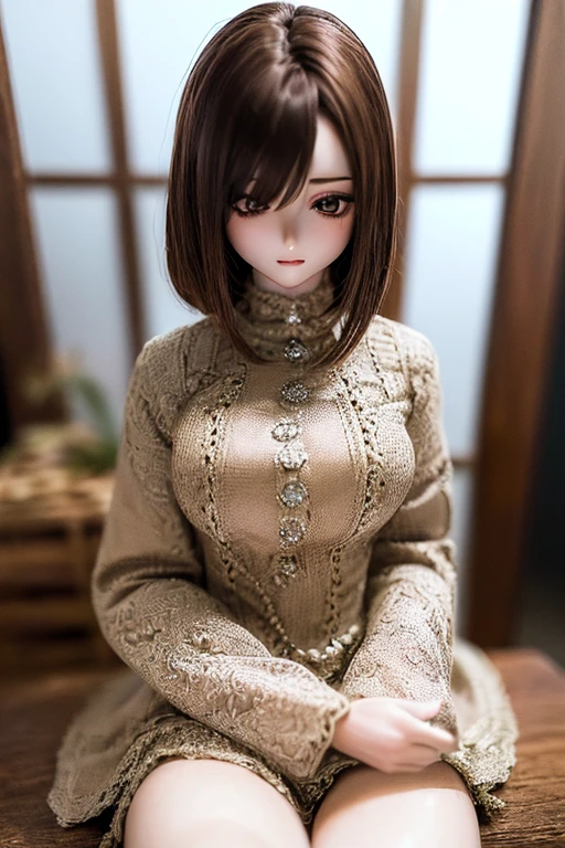 photorealistic, realistic photo, ((highest quality)), ((masterpiece)), (extremely detailed), kukolnydom, doll, (mature woman:1.6), solo, ((cowboy shot)), (skinny, slender, brown hair, medium hair), sitting on crate, green eyes, parted lips, (looking down, blank eyes, empty eyes, detailed eyes:1.3), dress, warehouse, 8k