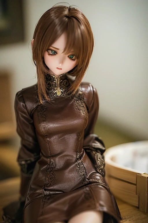 photorealistic, realistic photo, ((highest quality)), ((masterpiece)), (extremely detailed), kukolnydom, doll, (mature woman:1.7), solo, ((cowboy shot)), (skinny, slender, brown hair, medium hair, sitting on crate), green eyes, parted lips, (looking down, blank eyes, empty eyes, detailed eyes:1.3), dress, warehouse, 8k