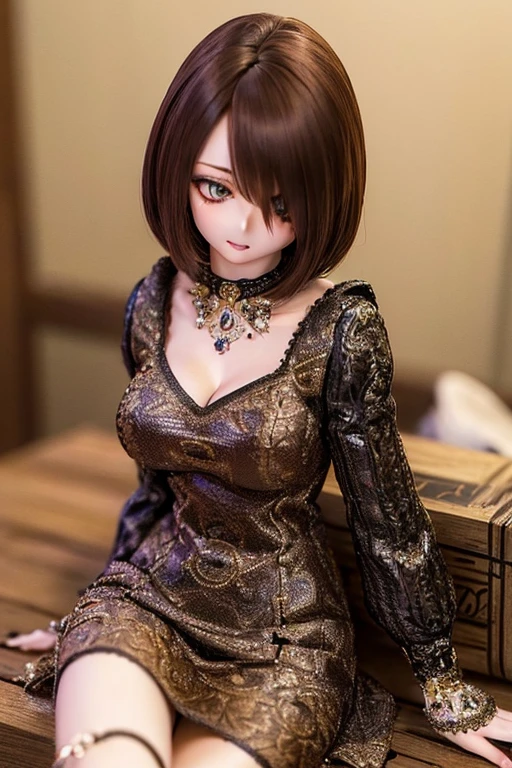 photorealistic, realistic photo, ((highest quality)), ((masterpiece)), (extremely detailed), kukolnydom, doll, (mature woman:1.7), solo, ((cowboy shot)), (skinny, slender, brown hair, medium hair, sitting on crate), green eyes, parted lips, (looking down, blank eyes, empty eyes, detailed eyes:1.3), dress, warehouse, 8k