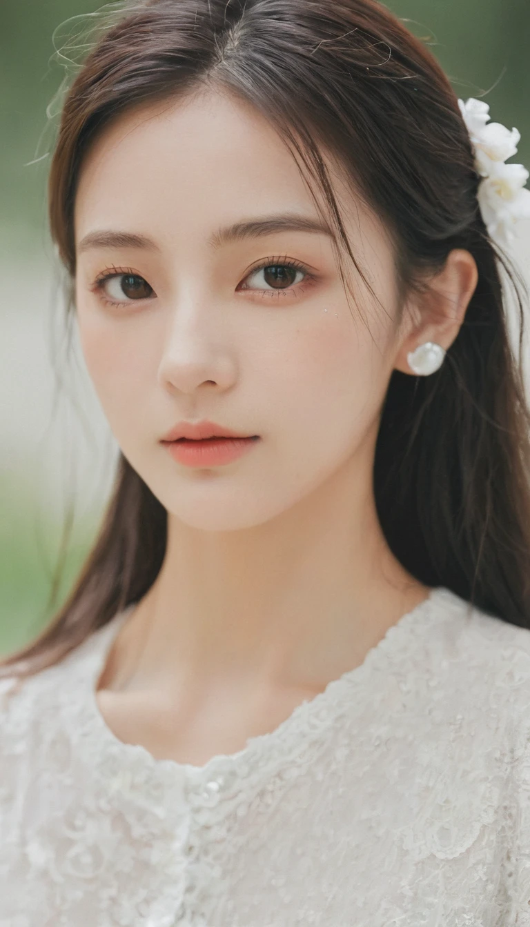 xxmixgirl, Analog Style, Eye focus, Highest quality, (Very detailed skin), Exquisitely beautiful white skin photos, 21 years old, Perfect Face, Captivating eyes, (Seductive makeup: 1.3), Skin pores, (Bokeh:1.5), Sharp focus, Dappled Lighting, (Backlight), Film Grain, (Very detailed, Exquisitely crafted), 8K, High resolution, Front view, Studio Light, Very detailed顔, fine grain, (double eyelid: 1.4), Aristotle, Brown eyes, (commercial: 1.6), (Natural Makeup), ((White studio background: 2))、Summery white fashion、Black Hair、Long Hair