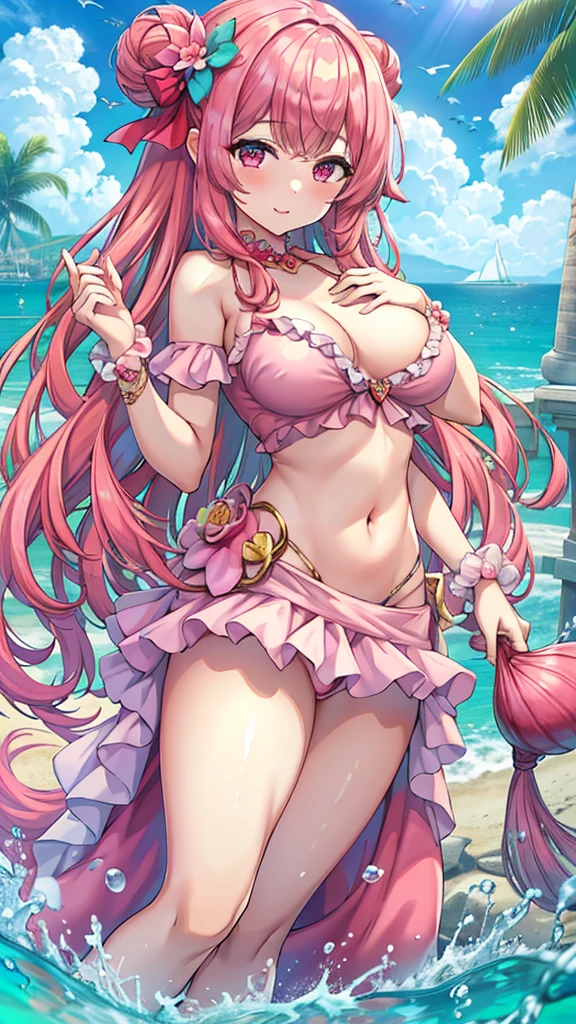 Masterpiece、Highest quality、Super detailed、1 girl、Pink Hair、(Big Tits)、Fluffy and soft long hair、Red-pink eyes、hide the chest with a shell、Ocean、Cleavage、(The underboob is visible)、Belly button、Ruffles and ribbons、smile、Too big breasts、The Little Mermaid