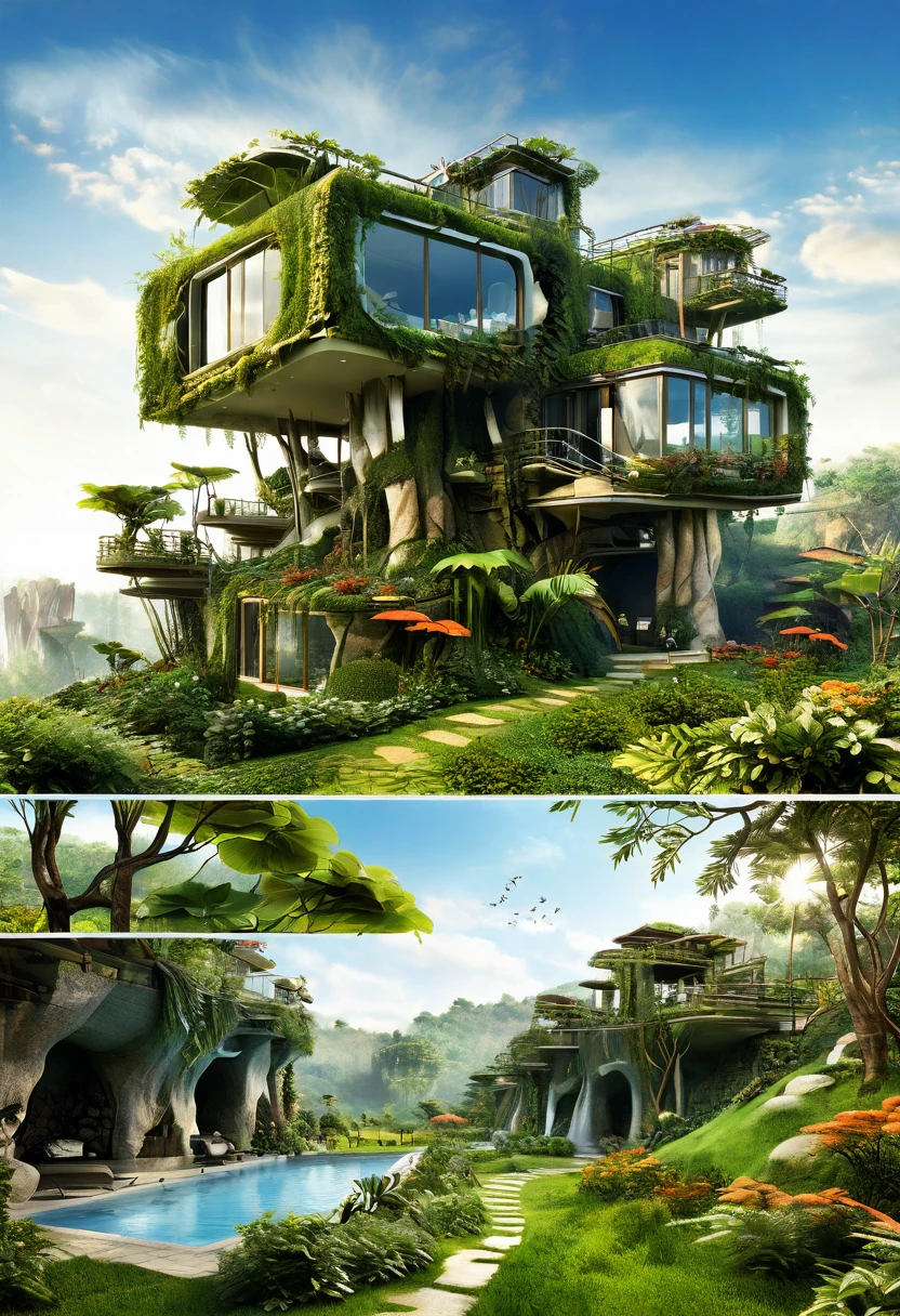 A breathtaking 3D render of an extraordinary architectural masterpiece, carved seamlessly into a colossal rock formation. The structure boasts impressive organic curves, adorned with lush greenery, including thriving plants and trees that grow both on its exterior and within its crevices. Large glass windows frame the building, offering a stunning panoramic view of the surrounding landscape, which comprises of undulating hills and dense vegetation. The overall atmosphere of the image is cinematic, capturing the essence of a futuristic, eco-friendly sanctuary nestled within the heart of nature.