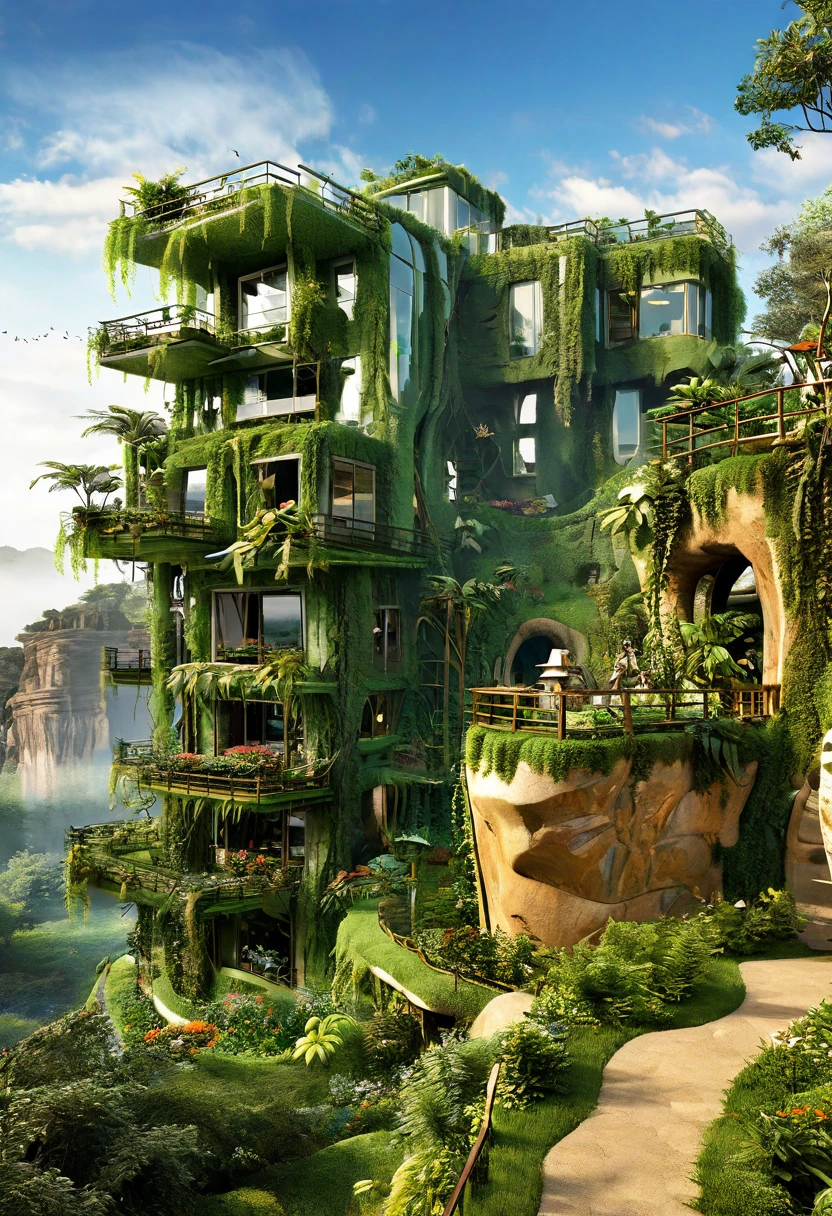 A breathtaking 3D render of an extraordinary architectural masterpiece, carved seamlessly into a colossal rock formation. The structure boasts impressive organic curves, adorned with lush greenery, including thriving plants and trees that grow both on its exterior and within its crevices. Large glass windows frame the building, offering a stunning panoramic view of the surrounding landscape, which comprises of undulating hills and dense vegetation. The overall atmosphere of the image is cinematic, capturing the essence of a futuristic, eco-friendly sanctuary nestled within the heart of nature.