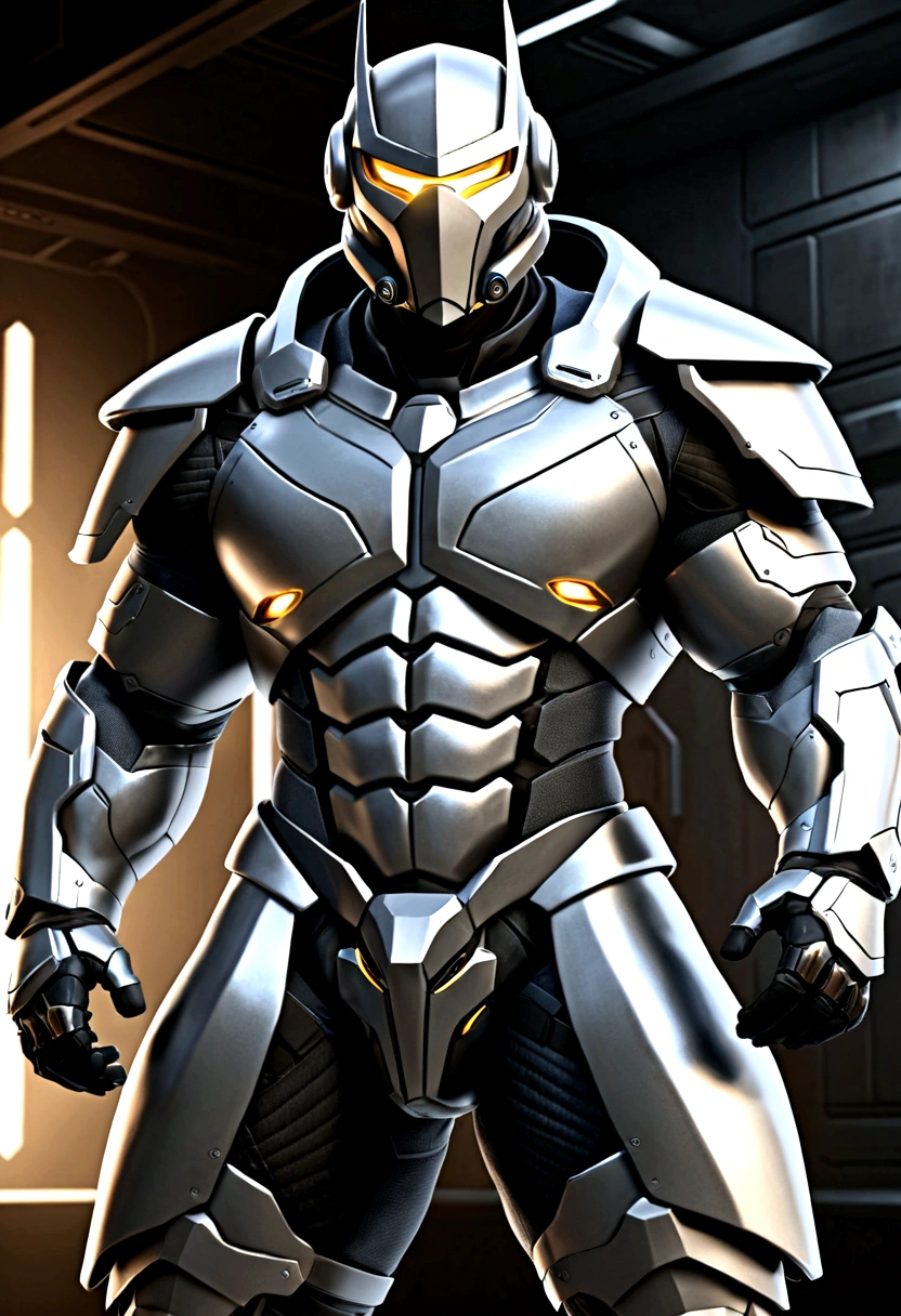 This heroic figure wears a set of combat armor with a strong sense of technology.,The main color of the armor is steel gray,and emit a shimmer。His mask design is futuristic,Able to provide a high degree of protection and combat support。The armor has meticulous details and circuit patterns,Demonstrate advanced technological applications。He was burly,Remarkable muscle lines,Demonstrate extraordinary strength and fighting ability。