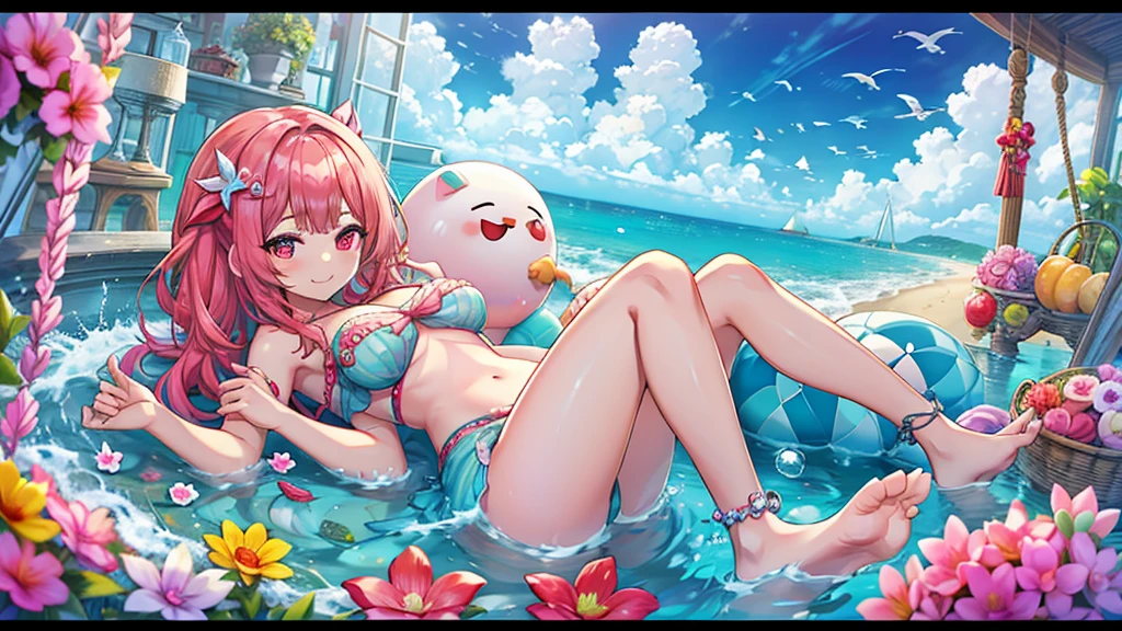 Masterpiece、Highest quality、Super detailed、1 girl、Pink Hair、(Big Tits)、Fluffy and soft long hair、Red-pink eyes、hide the chest with a shell、Ocean、Cleavage、(The underboob is visible)、Belly button、Ruffles and ribbons、smile、Too big breasts、The Little Mermaid