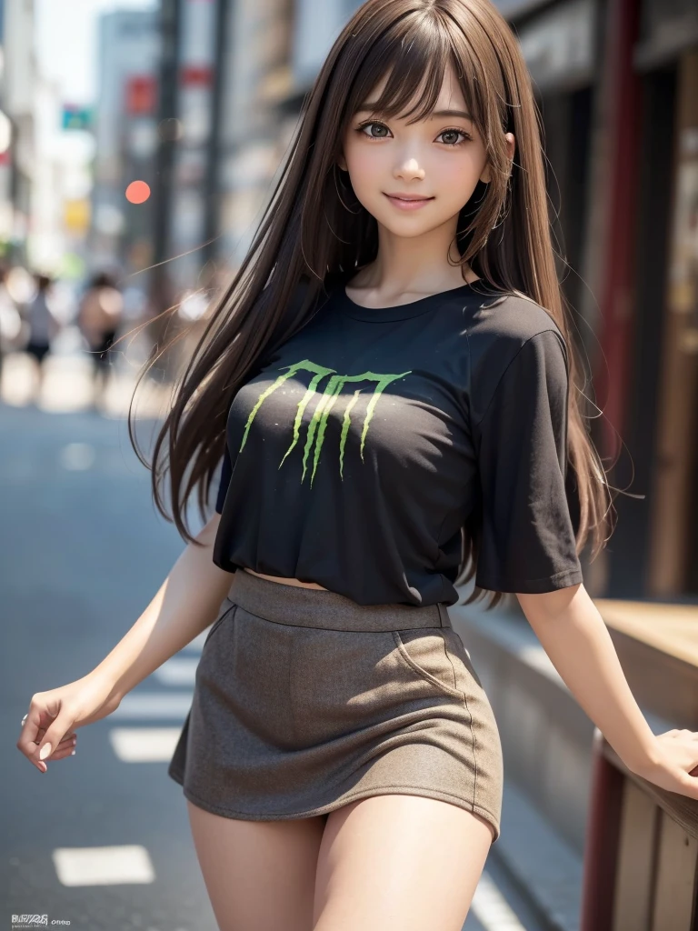 (8K, RAW Photos, Highest quality, masterpiece:1.2), (Realistic, photo-Realistic:1.4), (Highly detailed 8K wallpapers), ((Full Body Shot)), (1 girl), Sharp focus, Depth of written boundary, Cinematic lighting, Soft Light, 緻密な美しさのeye, eye_Chan, Very beautiful 17 year old girl, innocent big eyes, Realistic, photo Realistic, Highly detailed cute girl, (Thin thighs), (Model Body Type), 18-year-old, ((Monster Energy short sleeve T-shirt)), (Black micro mini tight skirt), (((Fold your arms in front of your chest and act arrogantly))), ((A happy smile)), Parted lips, Watching the audience, (On the streets of Tokyo) , (Light brown hair),（Long Bob Hair), (Asymmetrical bangs)